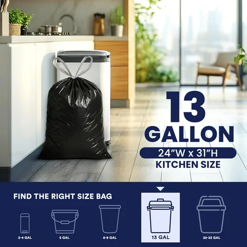Miniatura 3 de Plasticplace Bolsas de basura extra altas con cordón de 13 galones Negro 1.2 mil, 24 pulgadas de ancho x 31 pulgadas de alto, 200