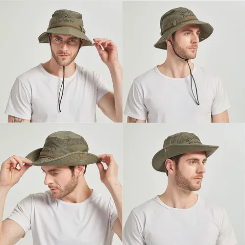 Miniatura 5 de Sombrero de sol para hombre, bordado de algodón, para verano, protección solar, ala ancha, plegable, estilo safari, boonie Verde militar