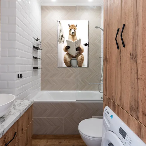 Miniatura 4 de GLOKAKA Lienzo decorativo para baño, diseño divertido de alpaca sentado en el inodoro, leyendo periódico, arte de pared, humor, granja, animal, arte