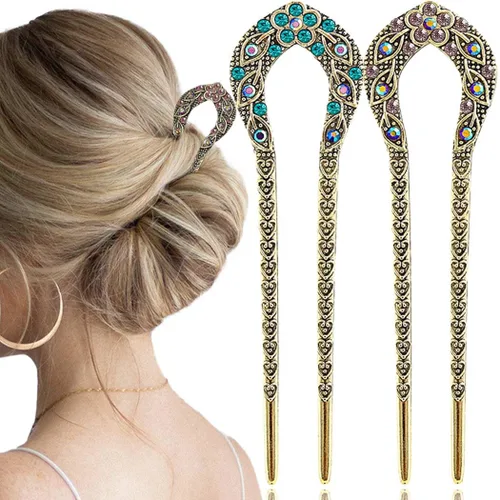 2 horquillas francesas para mujer, estilo vintage, con diamantes de imitación, cristal, metal, en forma de U, horquilla para el pelo, 2 unidades