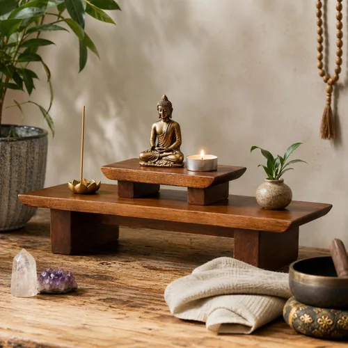 Miniatura 2 de Mesa de altar de meditación – Santuario Puja escalonado hecho a mano de 21 x 7.5 x 6 pulgadas – Mesas pequeñas para relajación, oración – Meditación
