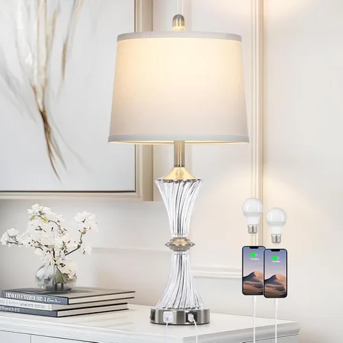 Miniatura 14 de Rinweey - Lámpara de mesa de vidrio azul con puertos USB C+A y salidas de AC, lámpara de noche costera para mesitas de noche, dormitorio, sala