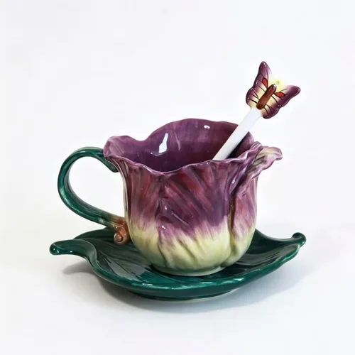 Miniatura 8 de Juego de taza de té y platillo de cerámica, taza de café de flores pintadas a mano en 3D de 6 onzas, regalo para mujeres, tulipán naranja