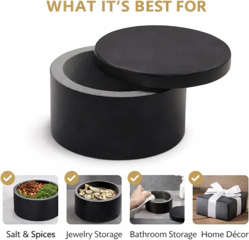 Miniatura 9 de Caja única de sal y pimienta, elegante caja redonda de mármol negro con tapa para almacenamiento de sal, especias y hierbas. Contenedor perfecto