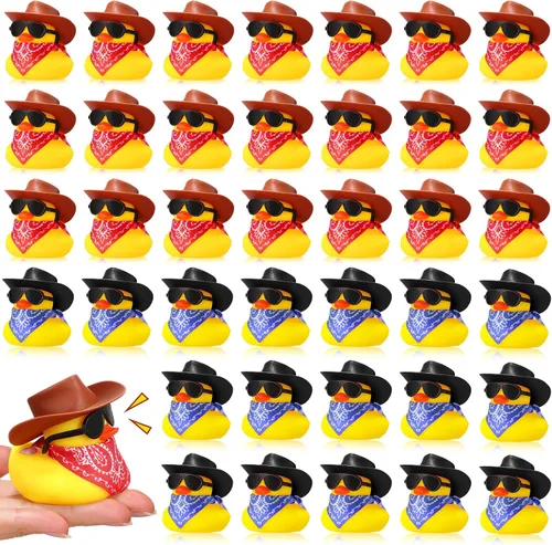 Miniatura 7 de Sosation 48 piezas de pato de goma de vaquero mini patitos amarillos pequeños patos juguetes de fiesta con mini sombrero de vaquero cachemira