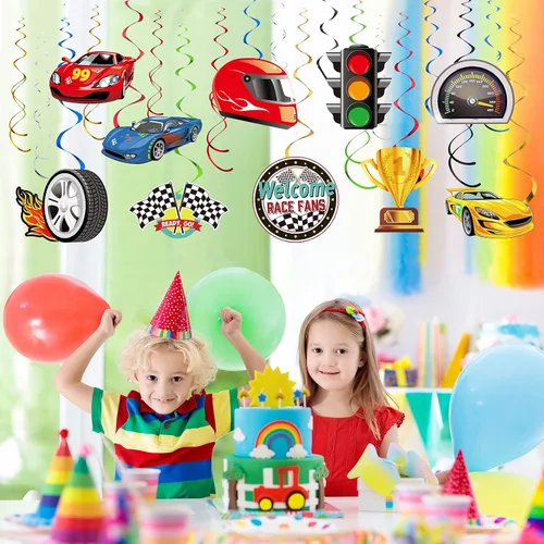 Miniatura 6 de Containlol 30 piezas de remolinos colgantes para fiesta de autos de carreras, banderas, banderas a cuadros, suministros de fiesta de cumpleaños