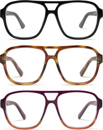 Miniatura 7 de AMOMOMA Paquete de 3 lentes de lectura de gran tamaño con bisagra de resorte de aviador para mujeres y hombres, marco retro para lector