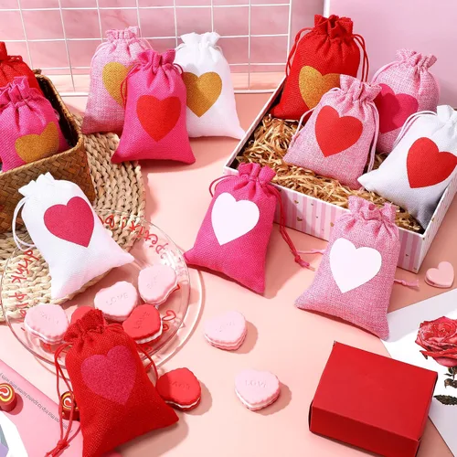 Miniatura 7 de 36 bolsas de arpillera de corazón para el día de San Valentín, 4 x 6 pulgadas, con cordón, pequeñas bolsas de joyería de lino, bolsas con cordón