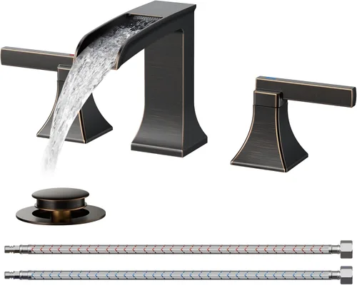 Miniatura 23 de FORIOUS Grifos cuadrados de baño de níquel cepillado y negro de 3 agujeros, cascada de 8 pulgadas, grifo de lavabo de baño con drenaje emergente