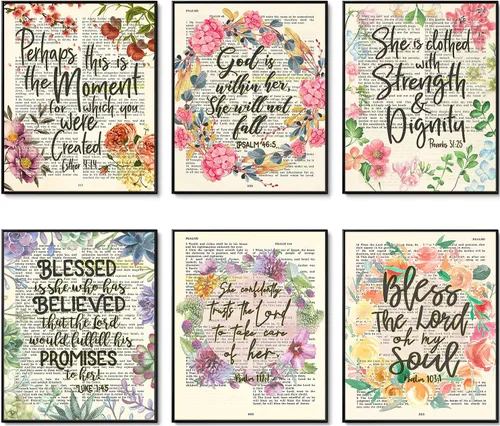 She Set of 6 - Proverbios 31:25, Ester 4:14, Salmo 46:5, Salmo 103.1, Lucas 1:45, Salmo 112:7, impresiones artísticas de página de versículos