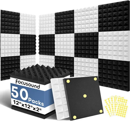 Miniatura 8 de Focusound Paneles acústicos, paquete de 24 unidades de 2 x 12 x 12 pulgadas con 120 adhesivos de doble cara, espuma piramidal a prueba de sonido
