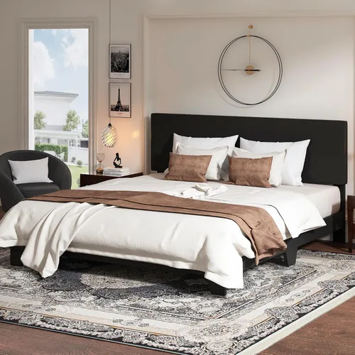 Miniatura 11 de WEEWAY Base de cama de plataforma tapizada completa con cabecero ajustable y listones de madera fuertes, base de colchón resistente, no necesita