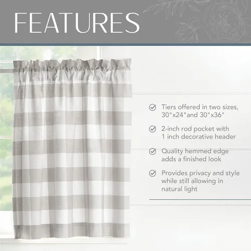 Miniatura 3 de Elrene Home Fashions Farmhouse Living Buffalo-Check Juego de cortinas de dos niveles para baño o cocina, 30" x 24" (Juego de 2 niveles), Gris/Blanco