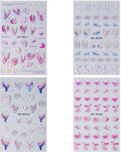 Miniatura 2 de Calcomanías de uñas de cola de sirena de ensueño 5D, calcomanías de uñas de verano 5D en relieve láser de sirena, calcomanías de arte de uñas de ola