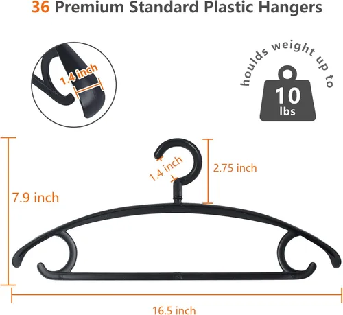 Miniatura 2 de DEDU Perchas de plástico para ropa, paquete de 36 perchas extra gruesas con gancho giratorio de 360° antideslizantes, perchas para suéteres, Negro