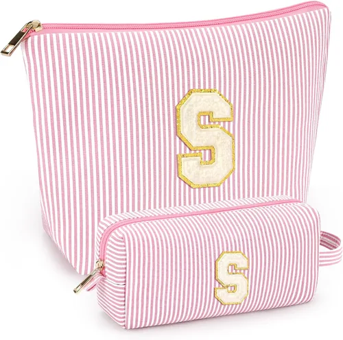 Miniatura 12 de 2 piezas de bolsas de maquillaje iniciales para mujeres: bolsa de cosméticos para viaje y artículos de tocador - Regalos de cumpleaños para niñas