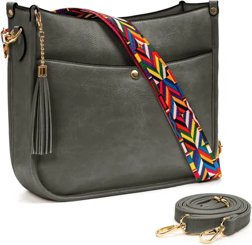 CELELA Bolsos cruzados para mujer, de cuero vegano, bolso de hombro tipo hobo mediano con correa de guitarra y borla