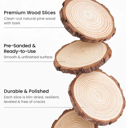 Miniatura 2 de ARTEZA Rebanadas de madera natural, 3.5-4 pulgadas de diámetro, juego de 25, discos de madera de pino redondo marrón con corteza para manualidades