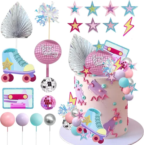 40 adornos para tartas de patinaje de los años 80 y 90, decoración retro de cumpleaños de niña con mini bolas para patinaje, suministros de fiesta