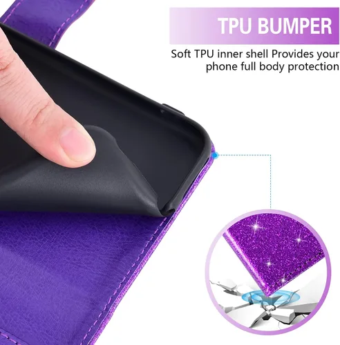 Miniatura 7 de Asuwish Funda de teléfono para T-Mobile Revvl 6 Pro 5G 2022 con protector de pantalla y cartera con purpurina, soporte para tarjeta con ranura