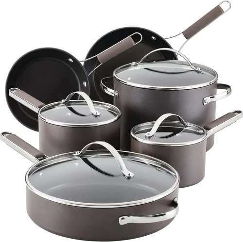 Ayesha Curry Kitchenware - Juego de ollas y sartenes antiadherentes anodizados profesionales, 10 piezas, color carbón