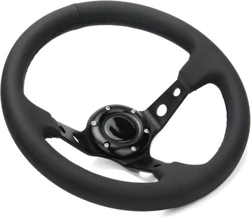 Miniatura 2 de Volante universal de carreras de 6 pernos 320mm 12.5" de cuero genuino negro con agarre, marco de aluminio, volante deportivo de llanta profunda