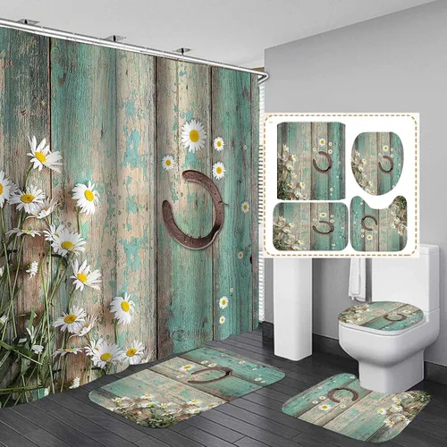 Juego de 4 cortinas de ducha occidentales, diseño de herradura blanca con margaritas blancas, diseño botánico, verde azulado, granero, rústico,