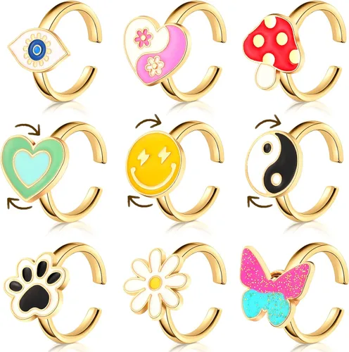 Juego de 9 anillos giratorios giratorios para ansiedad, anillos giratorios para ansiedad, apilables, giratorios, calmantes, ajustables para mujeres,