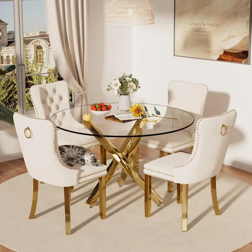 Miniatura 28 de Juego de comedor pequeño redondo de cristal transparente para 4, 39 pulgadas, moderno juego de mesa circular de cocina de mediados de siglo, sillas