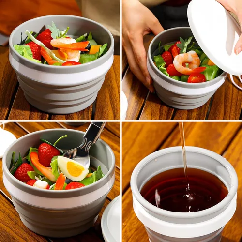 Miniatura 5 de Odoland, juego de taza y tazón de silicona plegable para camping, kit de cocina portátil con cuchara y tapa de acero inoxidable para 1 persona