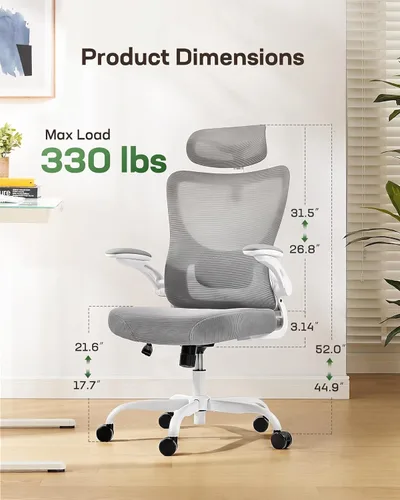 Miniatura 6 de Marsail - Silla ergonómica de oficina - Silla de escritorio con respaldo alto de malla y soporte lumbar ajustable, silla giratoria con ruedas, Gris