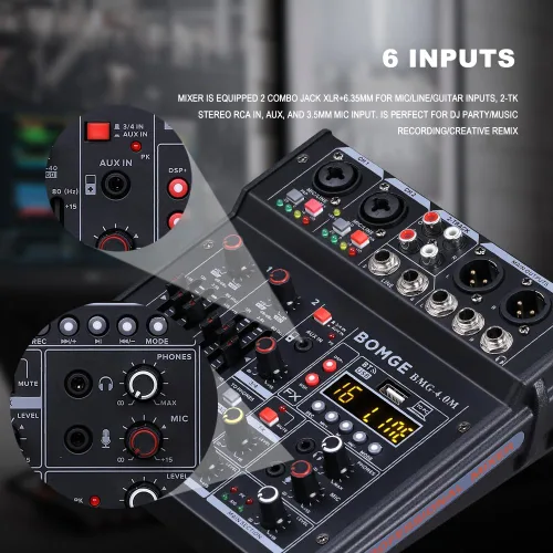 Miniatura 5 de BOMGE Mezclador de audio 04M, consola de mezcla de tablero de sonido con 4 canales USB digital Bluetooth 24 efectos de sonido, entrada 48V Phantom