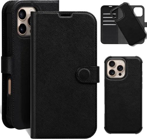 Funda de cuero compatible con iPhone 16 Pro Max Cartera 6.9", cuero genuino 2 en 1, magnética, desmontable, a prueba de golpes, funda tipo folio