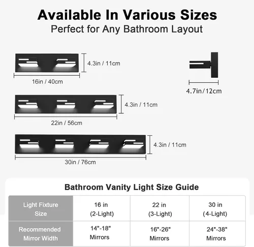 Miniatura 3 de Lámparas LED modernas para tocador de baño, 2 luces regulables de 15 pulgadas, color negro mate, para accesorios de iluminación de baño sobre