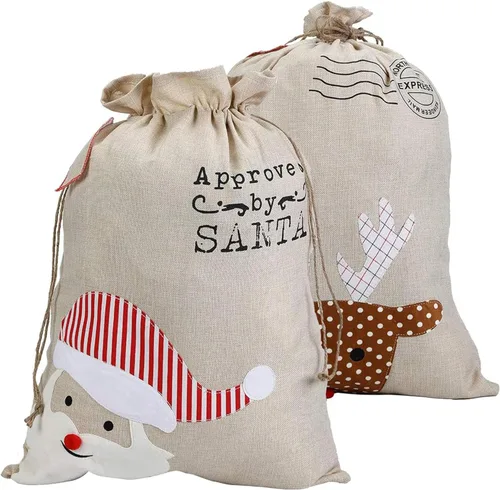XinblueCo Santa Sack - Paquete de 2 bolsas de lona de reno de Navidad con cordón, bolsa de regalo de Navidad extra grande para niños, tamaño 27.5 x