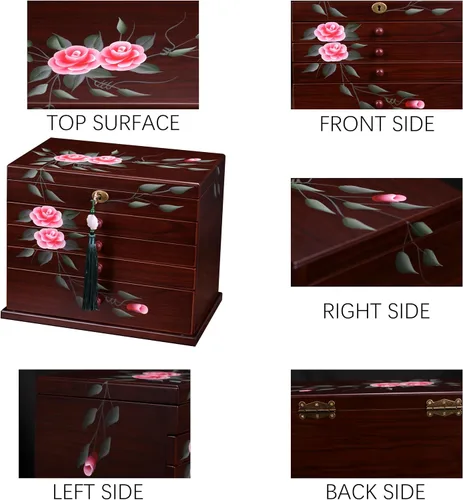 Miniatura 5 de Xloverise Joyero de madera para Wowen, organizador de 5 capas de pintura a mano con colgador de collar, organizador de cajas de joyería grandes