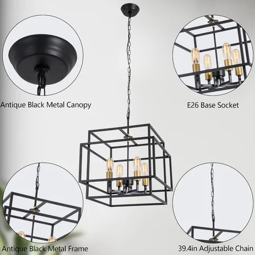 Miniatura 2 de Maxax Lámpara de araña cuadrada moderna, 4 luces colgantes de granja, para isla de cocina, comedor, dormitorio, sala de estar, acabado negro y dorado