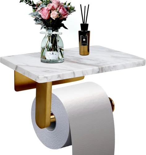 Miniatura 15 de Soporte de papel higiénico con estante de mármol natural para baño, soporte de pañuelos montado en la pared adecuado para rollo mega
