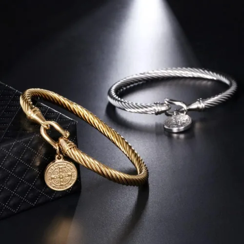 Miniatura 2 de Pulsera de acero inoxidable con dije de medalla de San Benito de Jesús San Benito, regalo de joyería religiosa