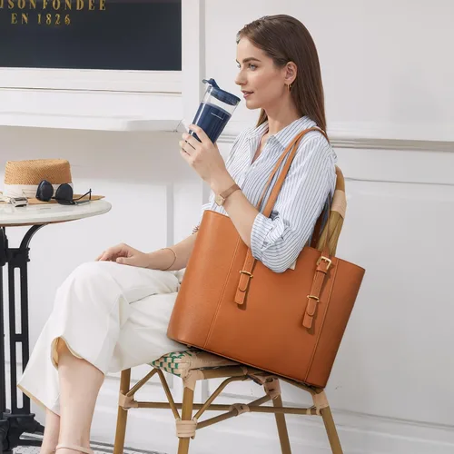 Miniatura 3 de Bolsa para laptop para mujer, bolso grande de oficina, maletín para hasta 15.6 pulgadas (versión actualizada), color marrón