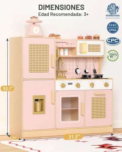 Miniatura 6 de Babytronic Juego de cocina de madera para niños - Cocina de juego rosa con luces y sonidos, cocina de juguete estilo retro para niños pequeños de 3