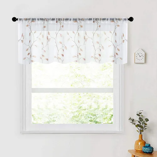 Miniatura 10 de MRTREES Cenefa de cortina transparente de Navidad, 2 paneles de cortinas bordadas con hojas pequeñas de 54 x 16 pulgadas, bolsillo para barra