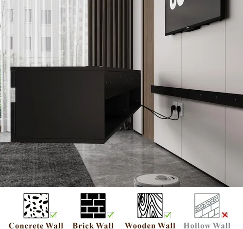 Miniatura 8 de Soporte flotante de madera maciza para TV con iluminación LED y toma de corriente, centro de entretenimiento de alto brillo de 71 pulgadas montado