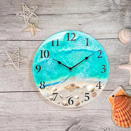 Miniatura 5 de Reloj de pared de cristal náutico costero con diseño de concha marina y tema estético de playa, funciona con pilas, decoración de pared silenciosa