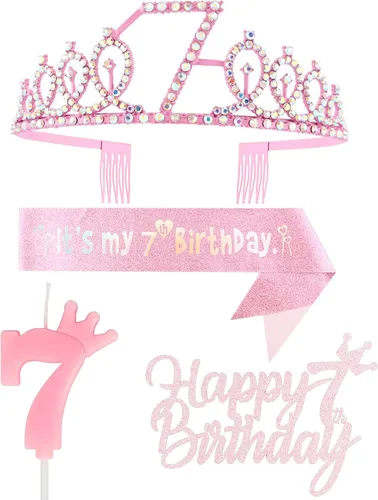 Decoraciones de cumpleaños número 7 para niña, que incluyen corona/tiara de cumpleaños número 7, banda, adorno para pastel de cumpleaños y velas del