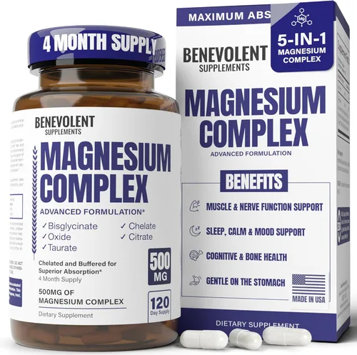 Suplemento de complejo de magnesio, suministro de 4 meses de 500 mg de bisglicinato 5 en 1, óxido, taurato, aspartato, citrato, suplemento de