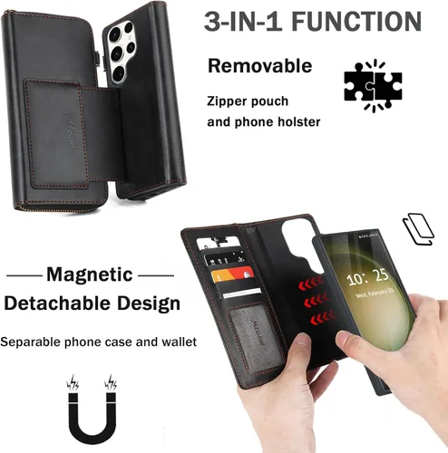 Miniatura 6 de Funda tipo cartera para Samsung Galaxy S23 Ultra, funda tipo cartera multifunción, desmontable 3 en 1 magnética para Galaxy S23 Ultra, funda