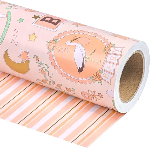 WRAPAHOLIC - Papel de regalo reversible para bebé niña, mini rollo - 17 pulgadas x 33 pies - Diseño de bebé niña y rayas para baby shower, Bebita