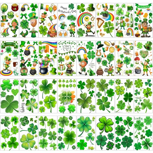 VANTATY 32 hojas 248+ piezas Tatuajes temporales del día de San Patricio para niños, niñas, mujeres, hombres, adultos, accesorios del día de San