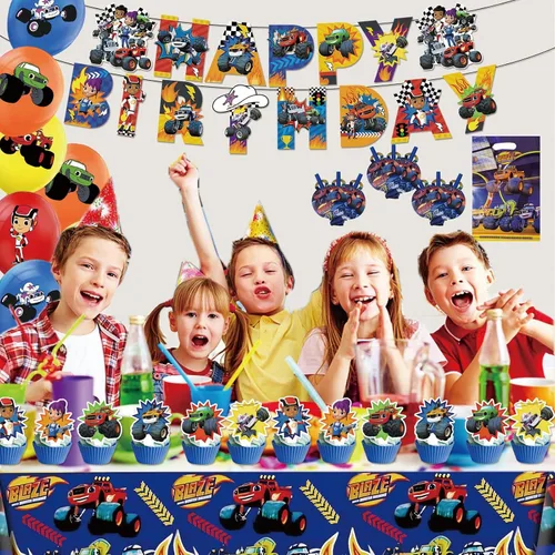 Miniatura 6 de 133 piezas de suministros para fiesta de cumpleaños de Monster Truck, incluye pancarta, bolsa de regalo, sopladores de fiesta, mantel, decoración